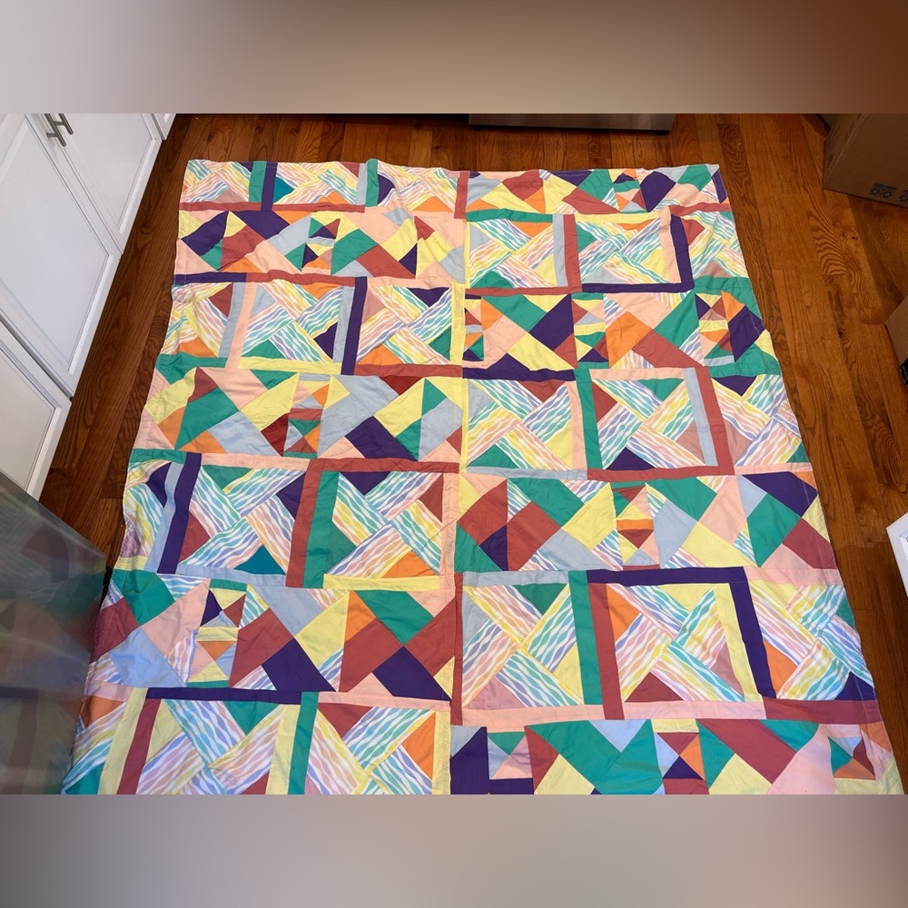 Vintage Handmade Quilt Patchwork Colorful Geometric Cotton Blanket Nannette - Picture 4 of 9